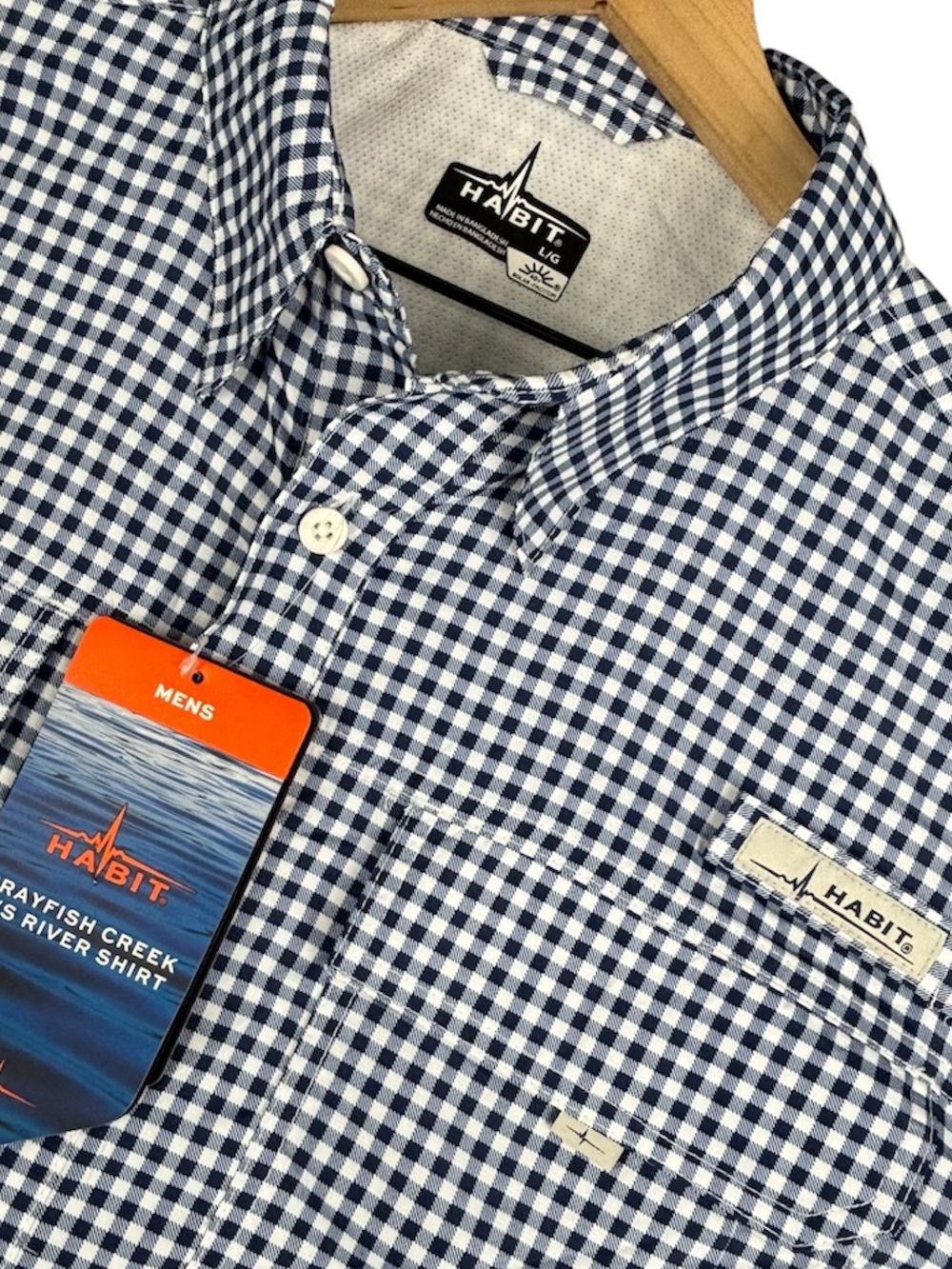 NEW Habit Shirt Mens Large Blue Gingham Performance Fishing Outdoor Vented UPF